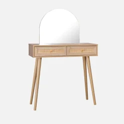 Kaptafel met ronde spiegel en 2 lades met vlechtwerk