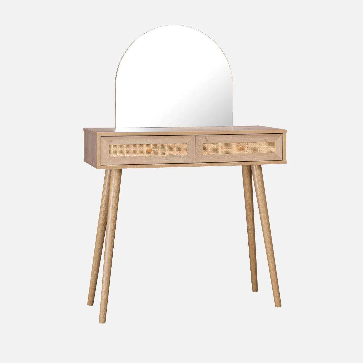 Kaptafel met ronde spiegel en 2 lades met vlechtwerk