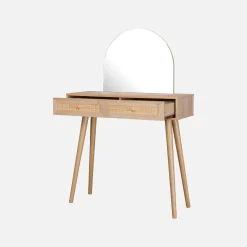 Kaptafel met ronde spiegel en 2 lades met vlechtwerk