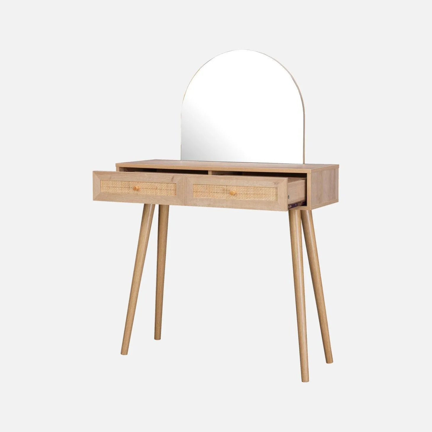 Kaptafel met ronde spiegel en 2 lades met vlechtwerk