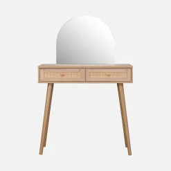 Kaptafel met ronde spiegel en 2 lades met vlechtwerk