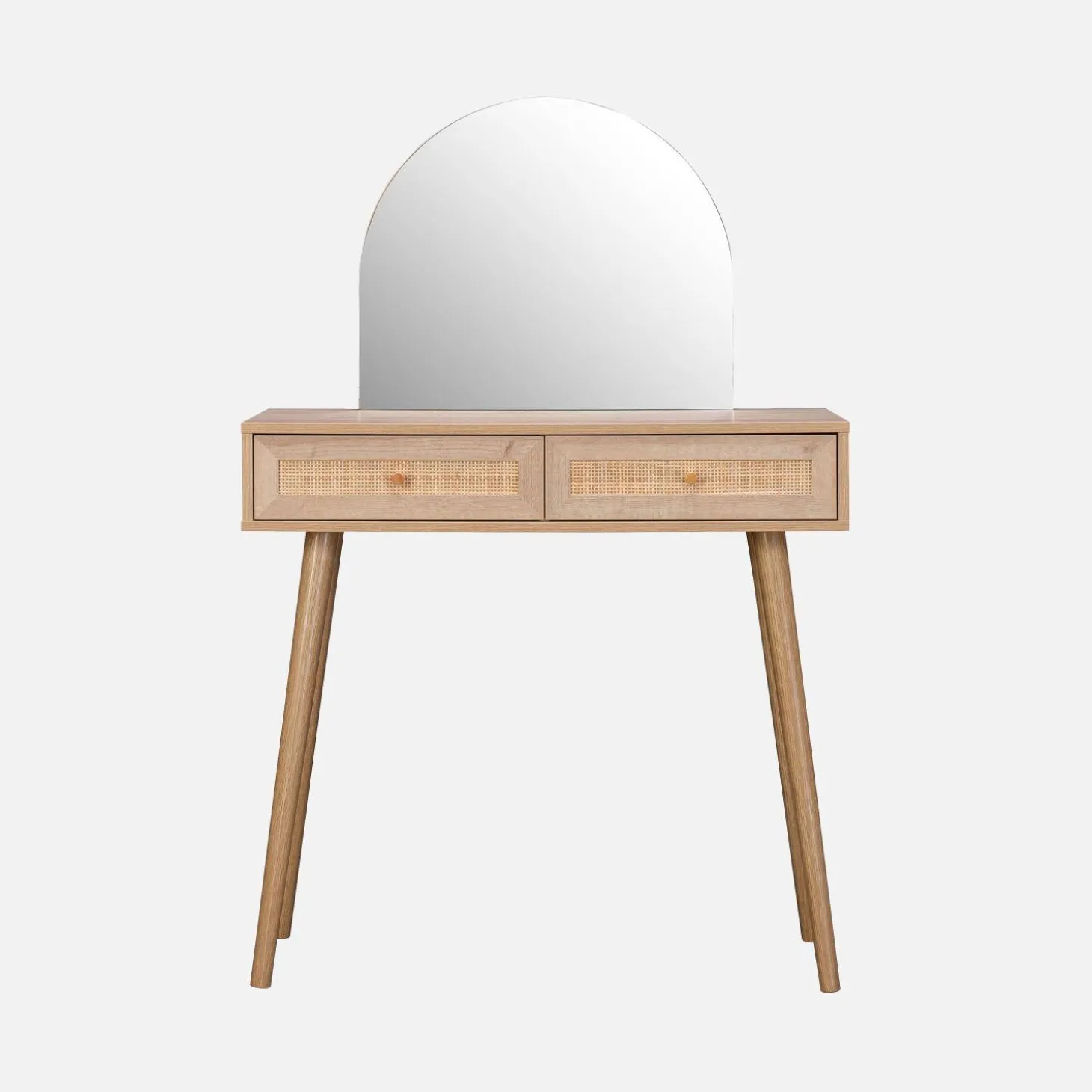 Kaptafel met ronde spiegel en 2 lades met vlechtwerk