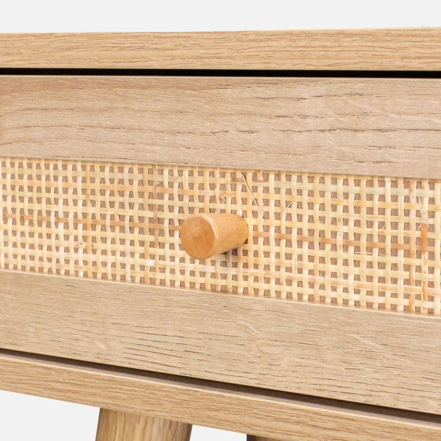 Kaptafel met ronde spiegel en 2 lades met vlechtwerk