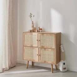 Kastje met 4 deuren houtdecor en rotan 80cm