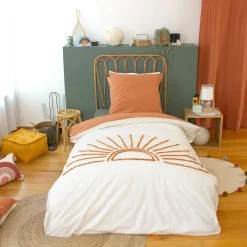Katoenen beddengoed omkeerbare getufte zon wit/terracotta 1-persoons 140x200cm