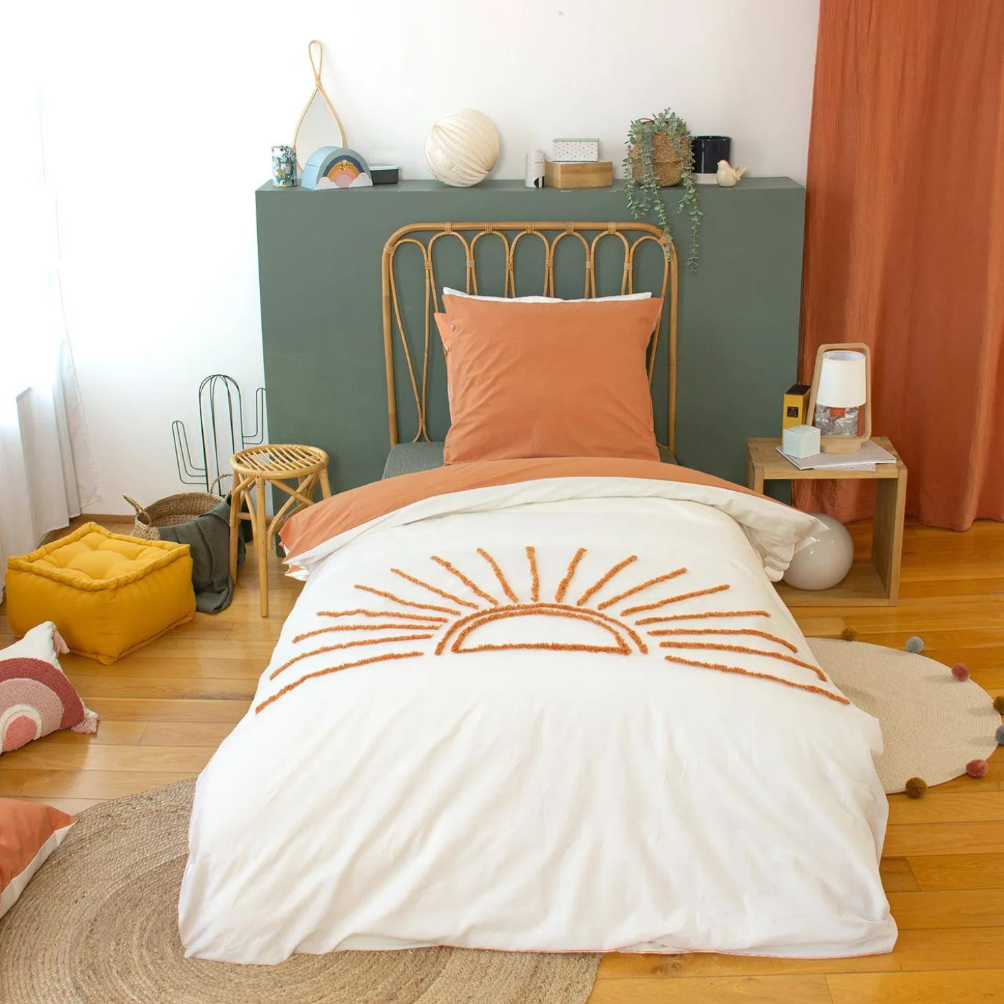 Katoenen beddengoed omkeerbare getufte zon wit/terracotta 1-persoons 140x200cm