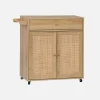 Keukentrolley met 2 deuren 1 lade en stang houtdecor en rotan 90,5cm