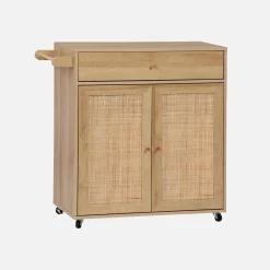 Keukentrolley met 2 deuren 1 lade en stang houtdecor en rotan 90,5cm