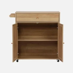 Keukentrolley met 2 deuren 1 lade en stang houtdecor en rotan 90,5cm
