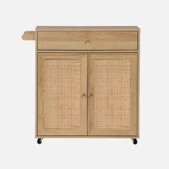 Keukentrolley met 2 deuren 1 lade en stang houtdecor en rotan 90,5cm