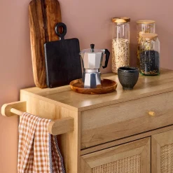 Keukentrolley met 2 deuren 1 lade en stang houtdecor en rotan 90,5cm