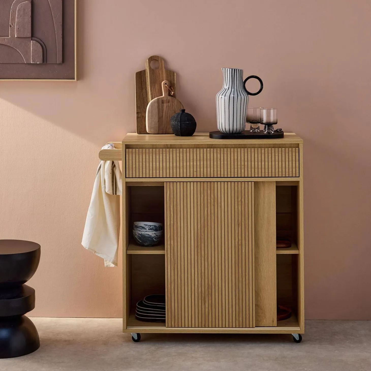 Keukentrolley met houtdecor 1 handgreep 1 lade 2 schuifdeuren