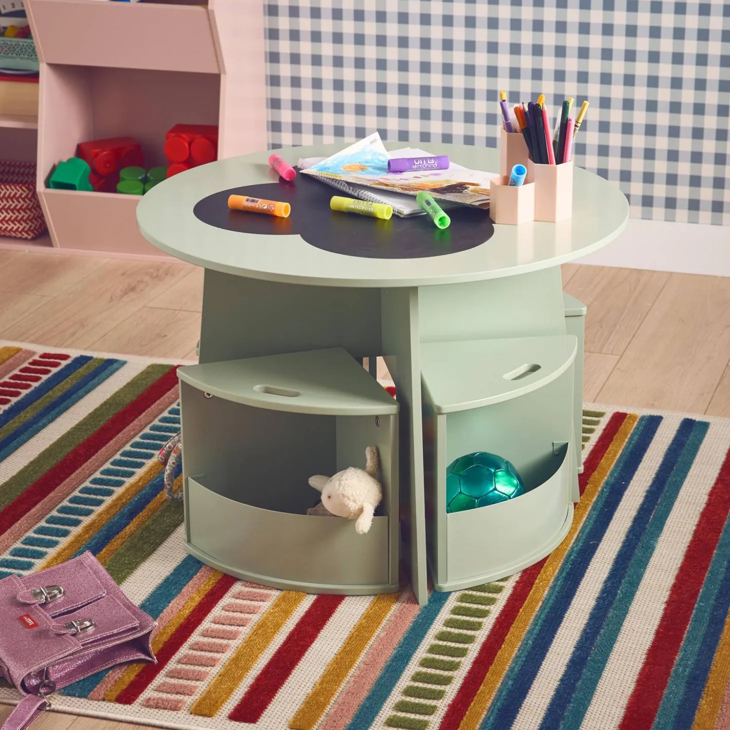 Kindertafel en 4 stoelen met leisteen effect