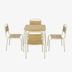 Kindertuintafel van staal en houtdecor met 4 stoelen