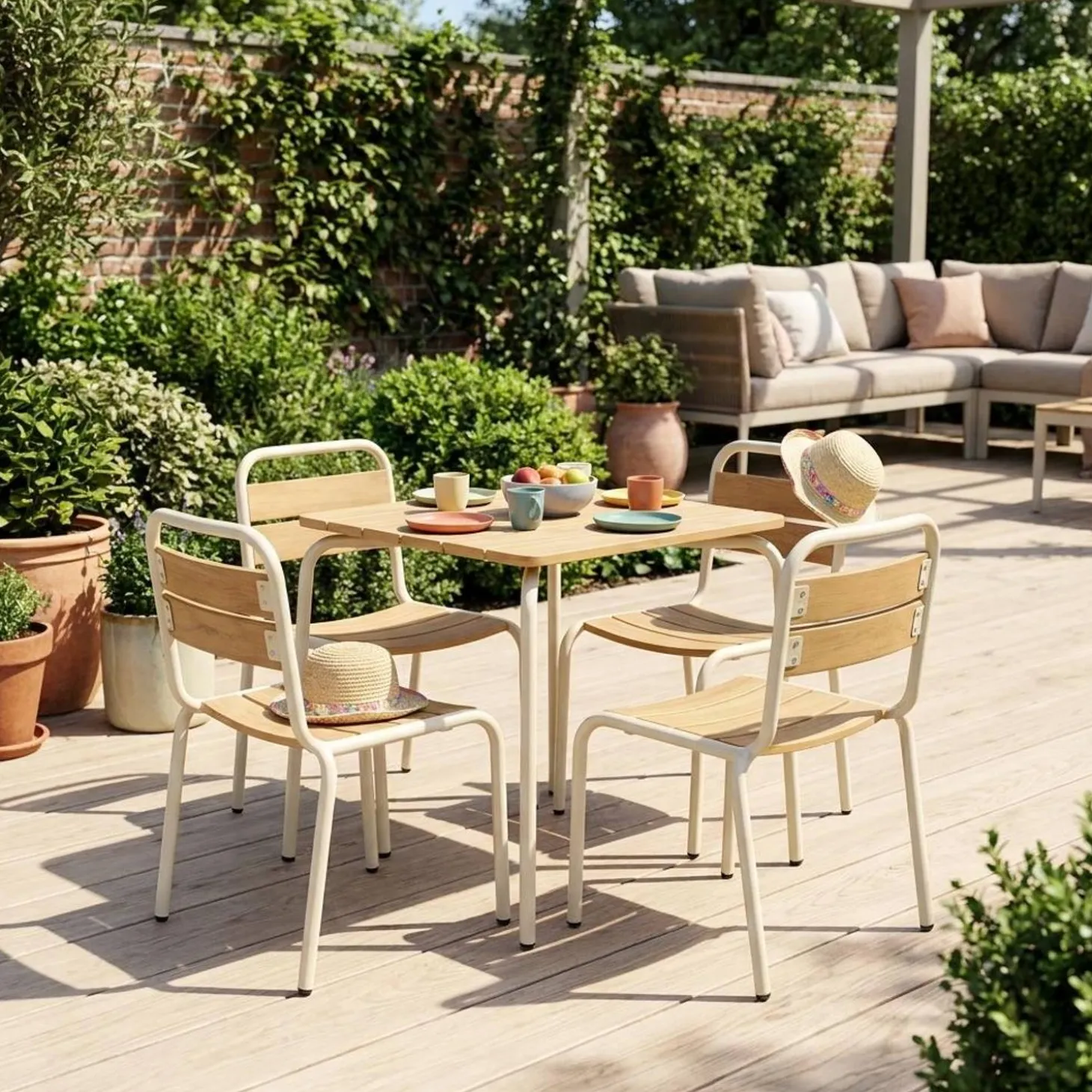 Kindertuintafel van staal en houtdecor met 4 stoelen