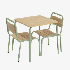 Kindertuintafel van staal en houtdecor met 2 stoelen