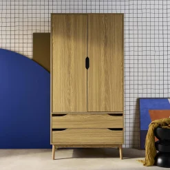 Kledingkast met 2 deuren 2 lades hangruimte houtdecor 90cm