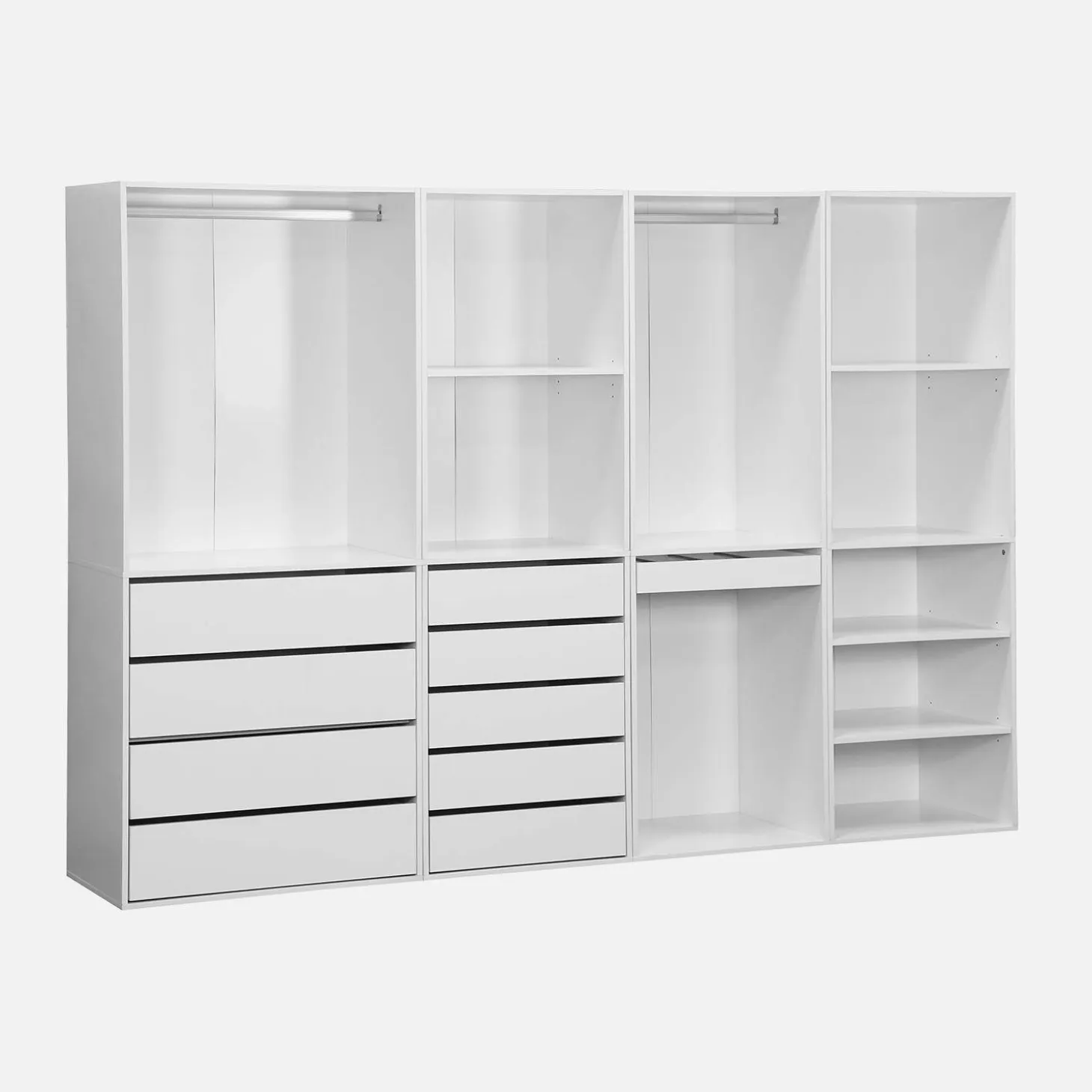Kledingkast 4 modules modulair 9 lades hangruimtes en vakken