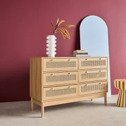 Ladekast houteffect en rotan 6 lades 120cm