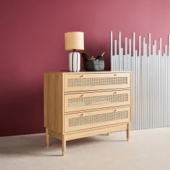 Ladekast houteffect en rotan 3 lades 90cm
