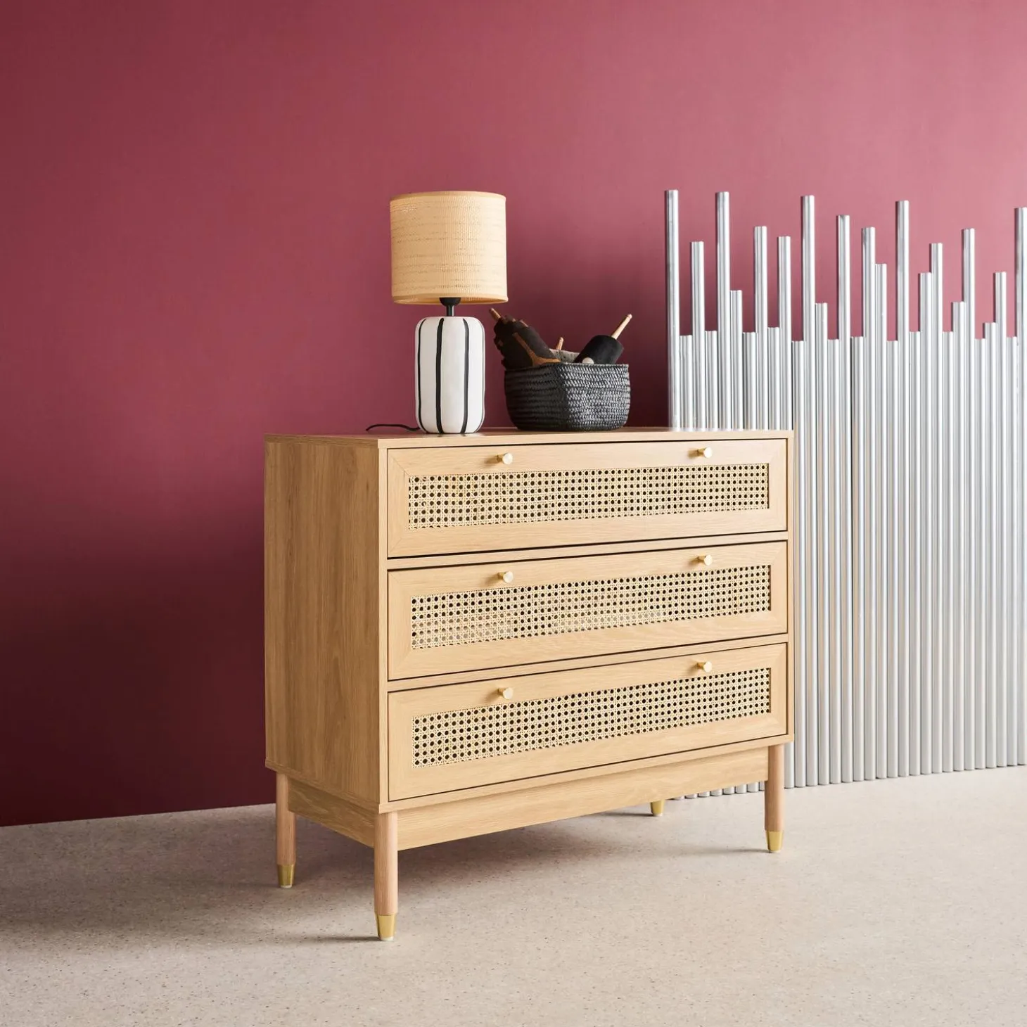 Ladekast houteffect en rotan 3 lades 90cm