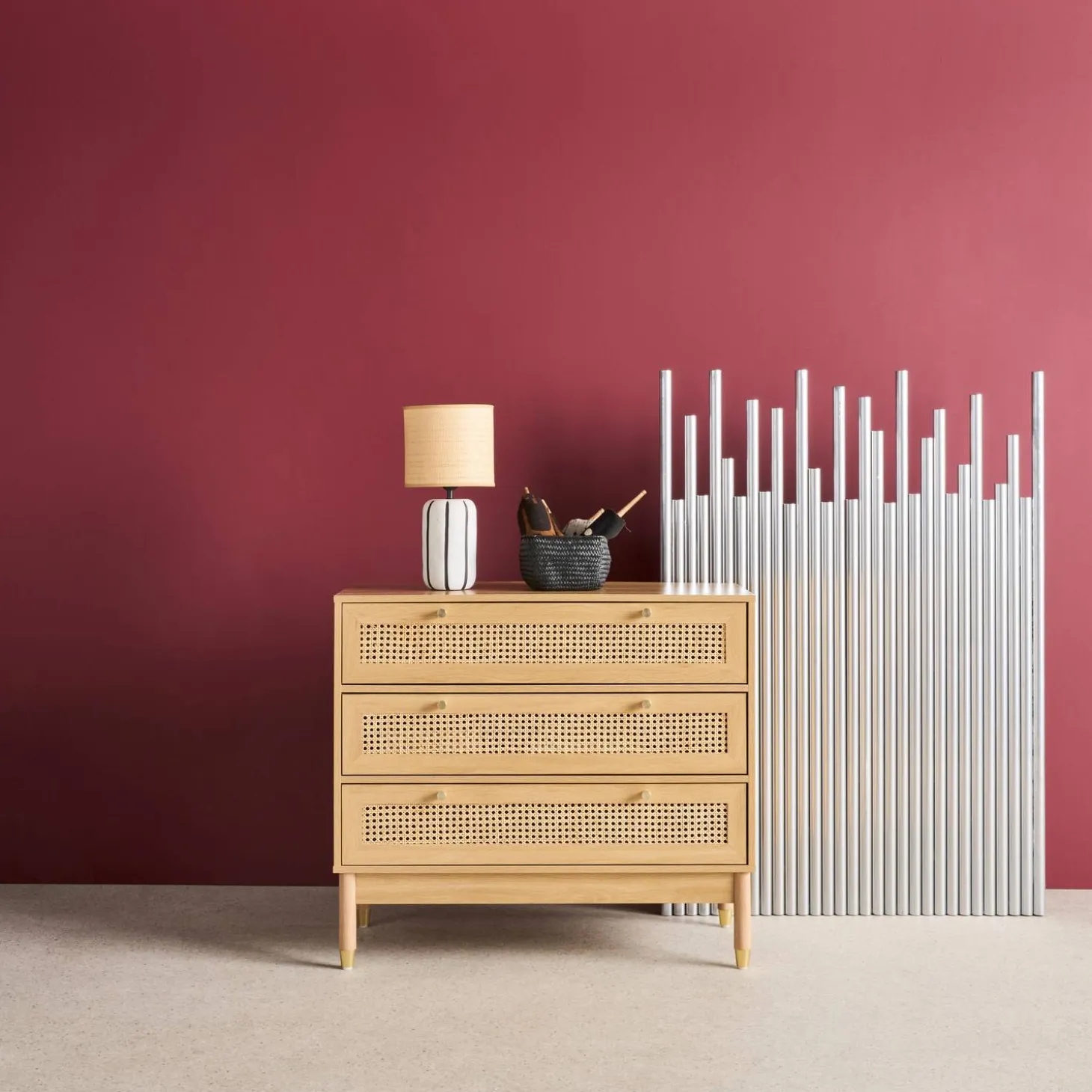 Ladekast houteffect en rotan 3 lades 90cm