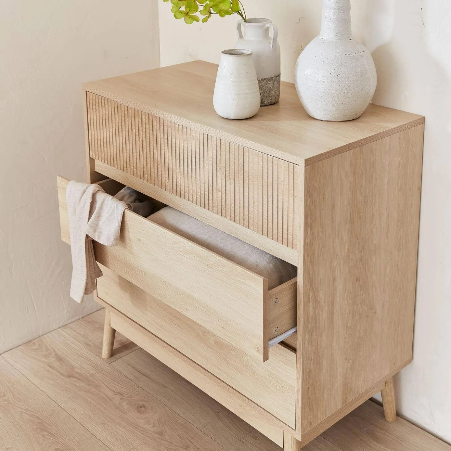 Ladekast 3 lades houtdecor deels gegroefd 80cm