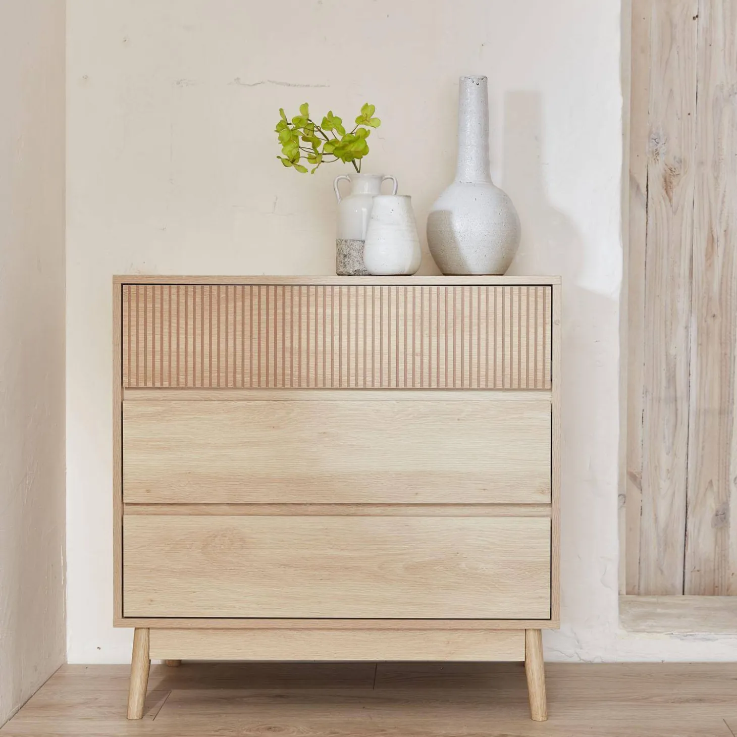 Ladekast 3 lades houtdecor deels gegroefd 80cm