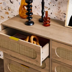 Ladekast 6 lades houtlook en rotan 120cm