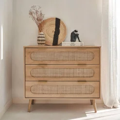 Ladekast 3 lades houtlook en rotan 90cm