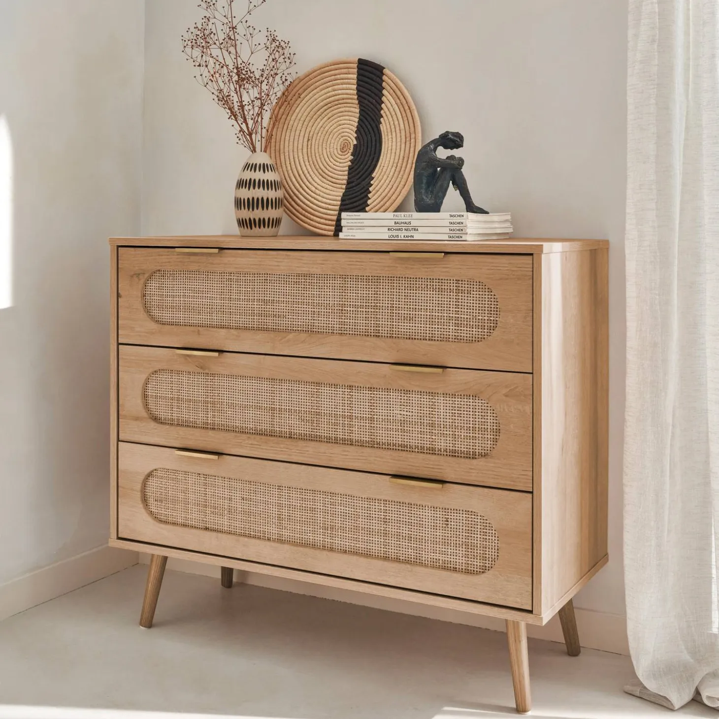 Ladekast 3 lades houtlook en rotan 90cm