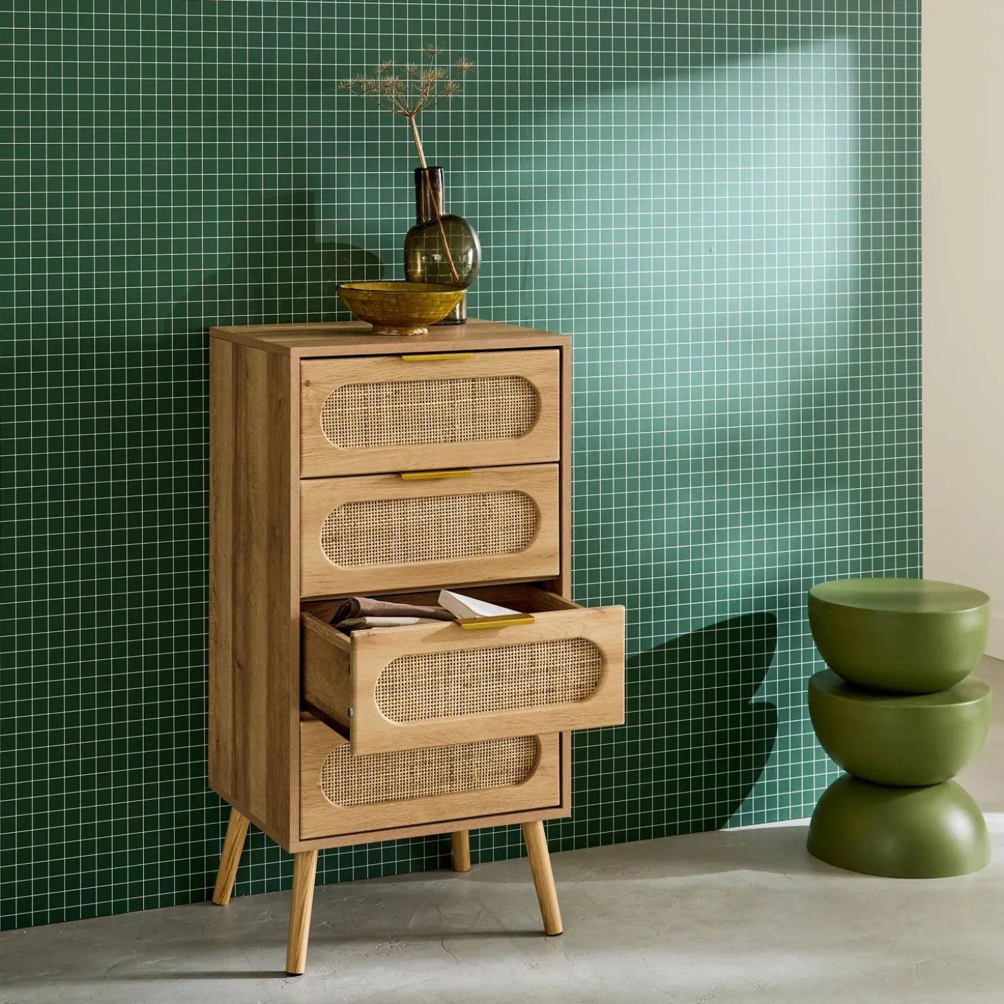 Ladekast 4 lades houtlook en rotan 48cm