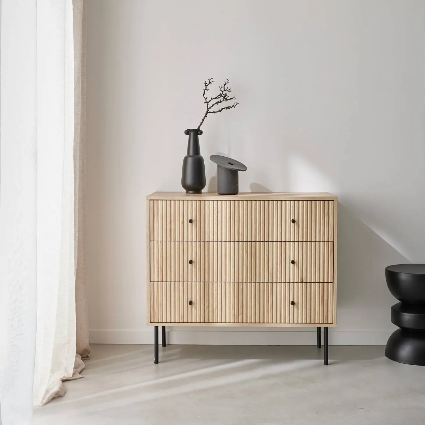 Ladekast met 3 lades gegroefd houtdecor 90cm