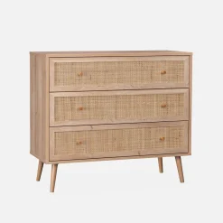 Ladekast met 3 lades houtdecor en rotan 90cm