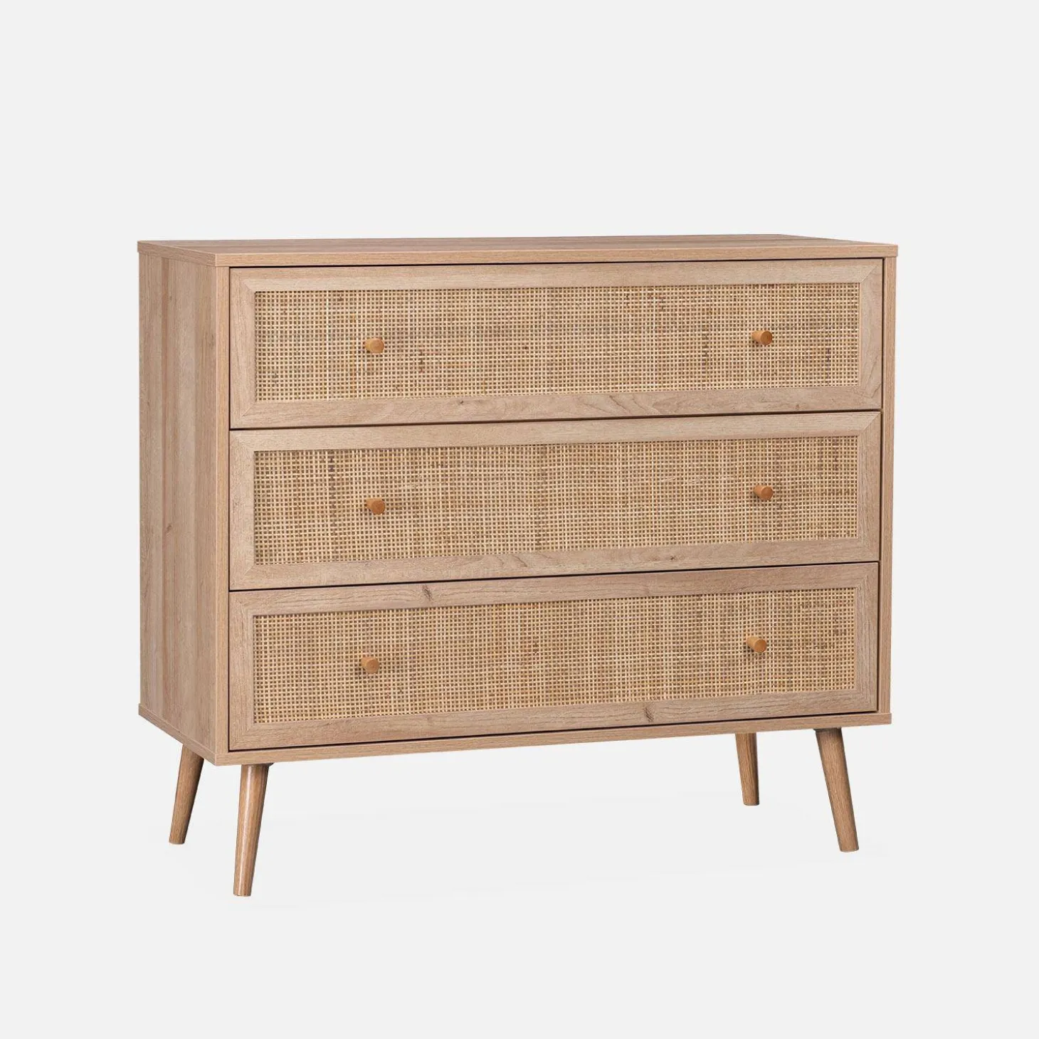 Ladekast met 3 lades houtdecor en rotan 90cm