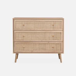 Ladekast met 3 lades houtdecor en rotan 90cm