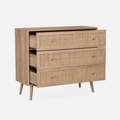 Ladekast met 3 lades houtdecor en rotan 90cm
