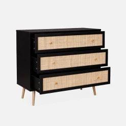 Ladekast met 3 lades houtdecor en rotan 90cm