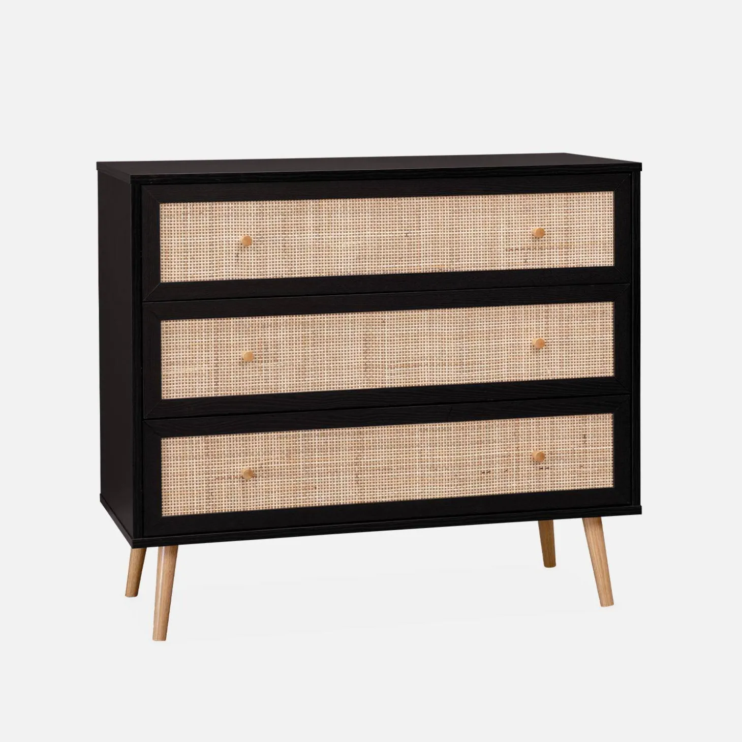 Ladekast met 3 lades houtdecor en rotan 90cm