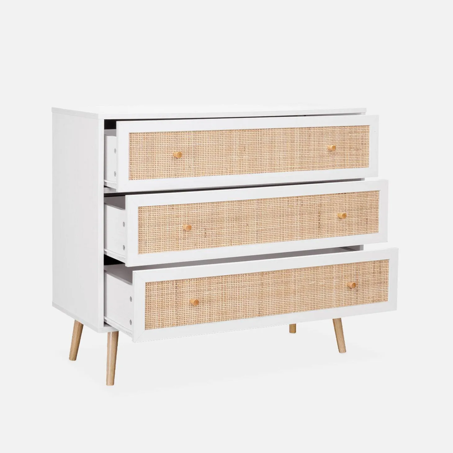 Ladekast met 3 lades houtdecor en rotan 90cm