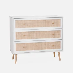 Ladekast met 3 lades houtdecor en rotan 90cm