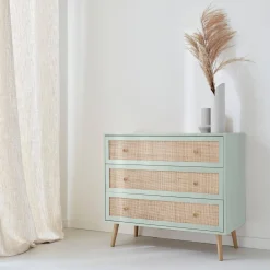 Ladekast met 3 lades houtdecor en rotan 90cm