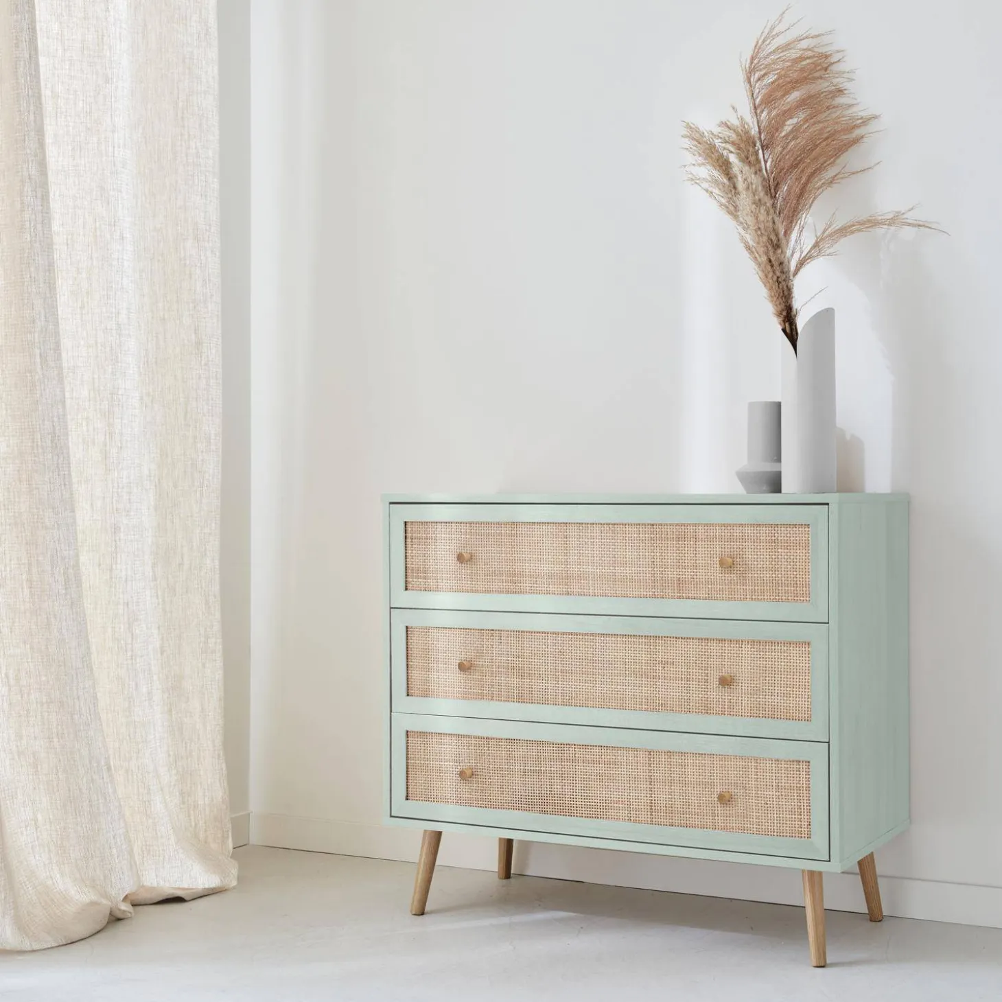 Ladekast met 3 lades houtdecor en rotan 90cm