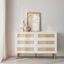 Ladekast met 6 lades houtdecor en rotan 120cm