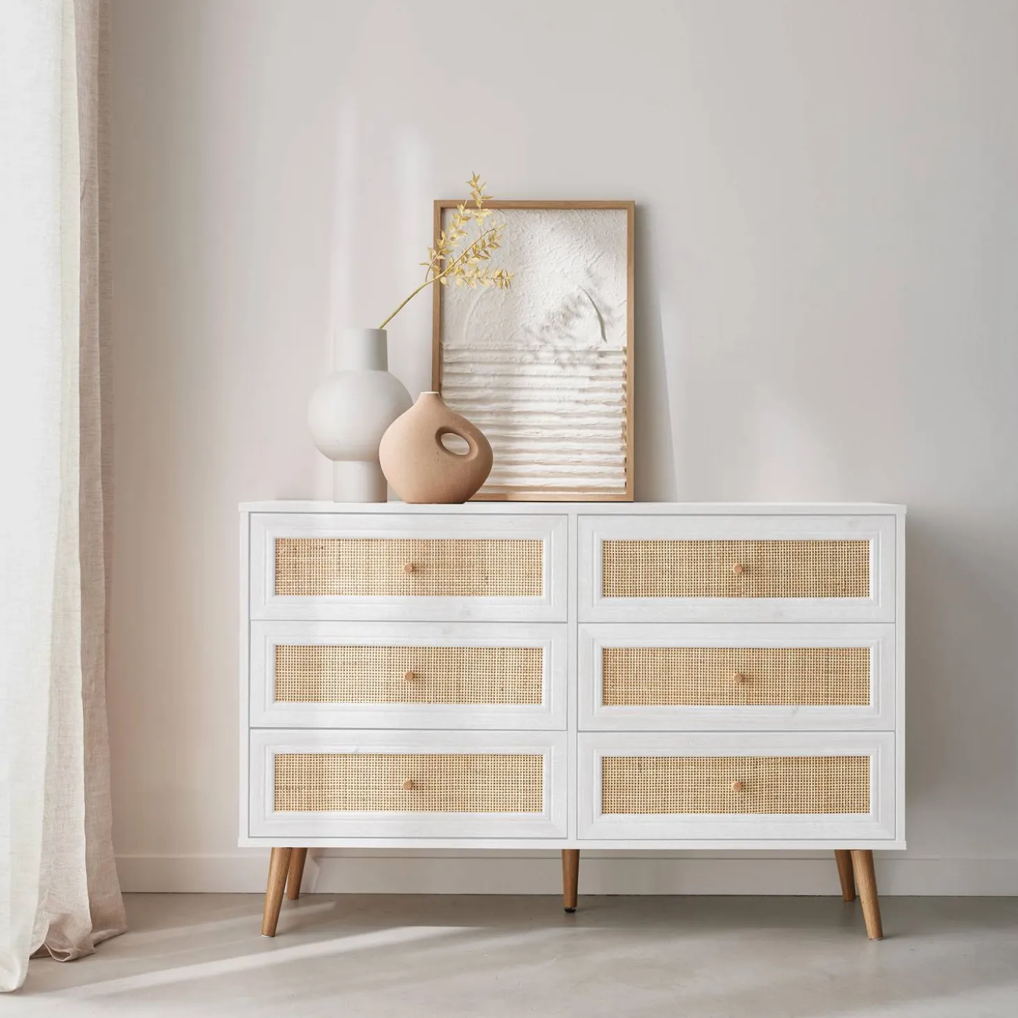 Ladekast met 6 lades houtdecor en rotan 120cm