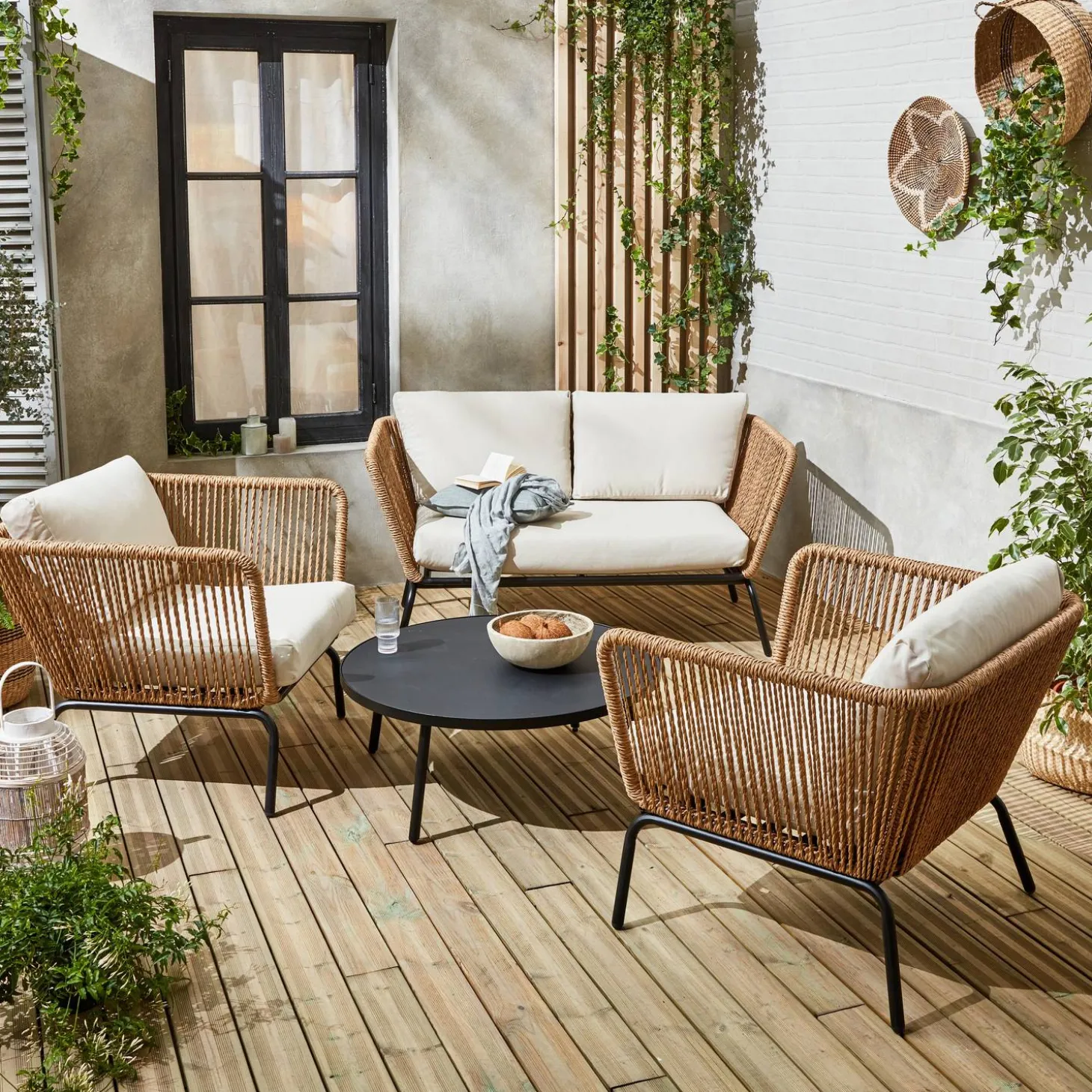 Lage tuinmeubelset, rotan effect geweven hars, 4 zitplaatsen
