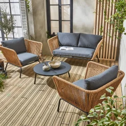 Lage tuinmeubelset, rotan effect geweven hars, 4 zitplaatsen