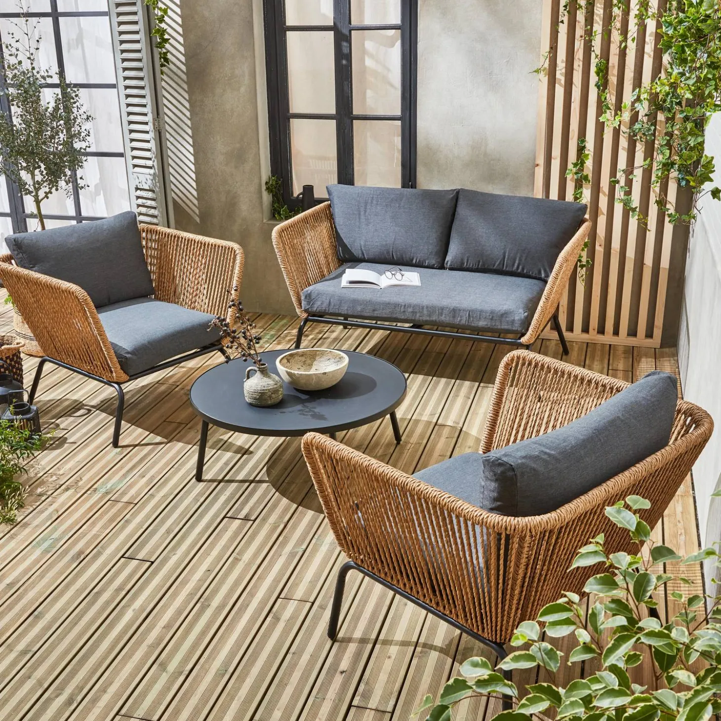 Lage tuinmeubelset, rotan effect geweven hars, 4 zitplaatsen