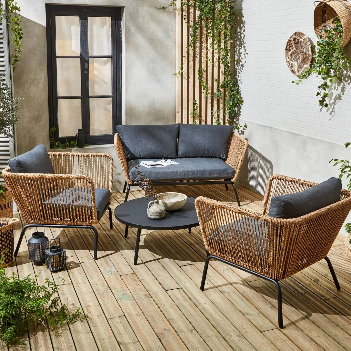 Lage tuinmeubelset, rotan effect geweven hars, 4 zitplaatsen