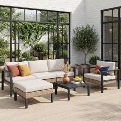Loungeset, aluminium en wicker, 5-zits